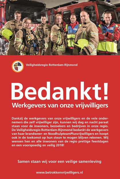 Materiaal nr 51401465 Veiligheidsregio Rotterdam-Rijnmond Bedankt werkgevers vrijwilligers